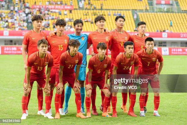 Players of China line up prior to the 2018 Panda Cup International Youth Football Tournament between England and China at Chengdu Shuangliu Sports...