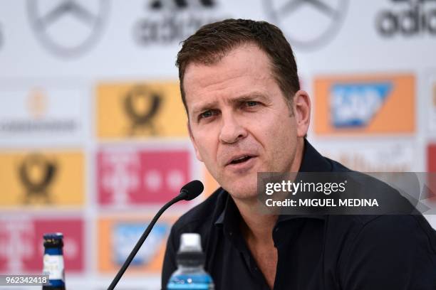 Germany's national football team manager Oliver Bierhoff addresses a press conference at the Rungghof training center in Girlan, close to Bolzano,...