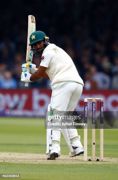 Asad Shafiq of Pakistan hits out during day two of the 1st Test match between England and Pakistan at Lord's Cricket Ground on May 25, 2018 in...