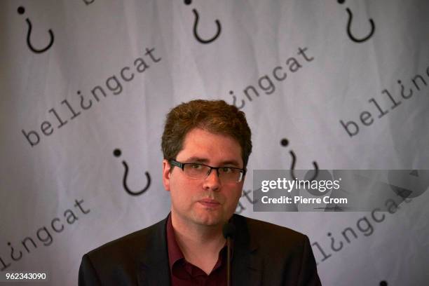 Eliot Higgins from the citizen journalist's organisation Bellingcat is portrayed during a press conference in the Circus Theater about suspects...