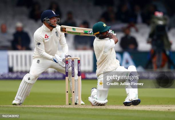 Asad Shafiq of Pakistan hits out during day two of the 1st Test match between England and Pakistan at Lord's Cricket Ground on May 25, 2018 in...