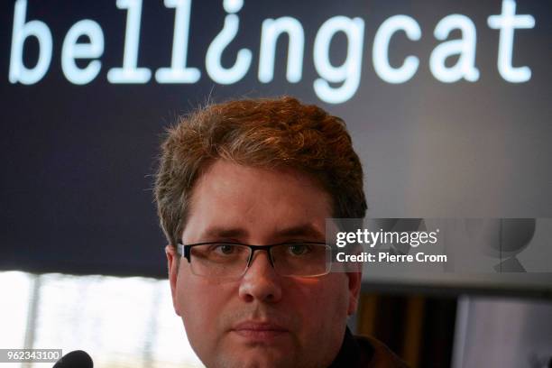 Eliot Higgins from the citizen journalist's organisation Bellingcat is portrayed during a press conference in the Circus Theater about suspects...