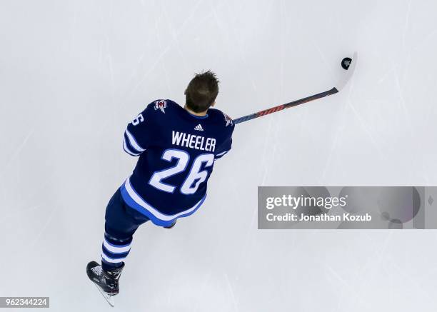 Blake Wheeler of the Winnipeg Jets takes part in the pre-game warm up prior to NHL action against the Vegas Golden Knights in Game Five of the...