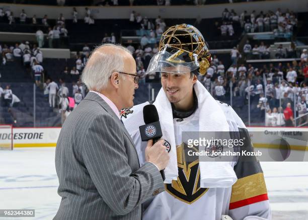 Hockey Night In Canada reporter Scott Oake interviews goaltender Marc-Andre Fleury of the Vegas Golden Knights following a 2-1 victory over the...