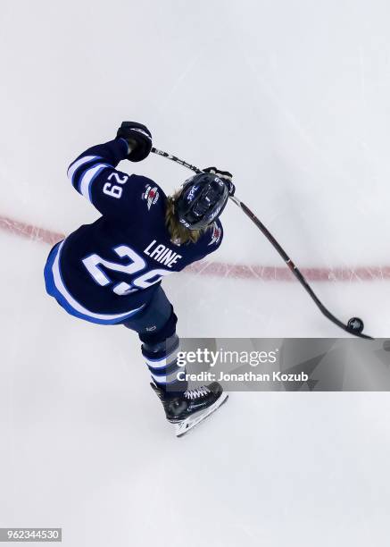 Patrik Laine of the Winnipeg Jets takes part in the pre-game warm up prior to NHL action against the Vegas Golden Knights in Game Five of the Western...
