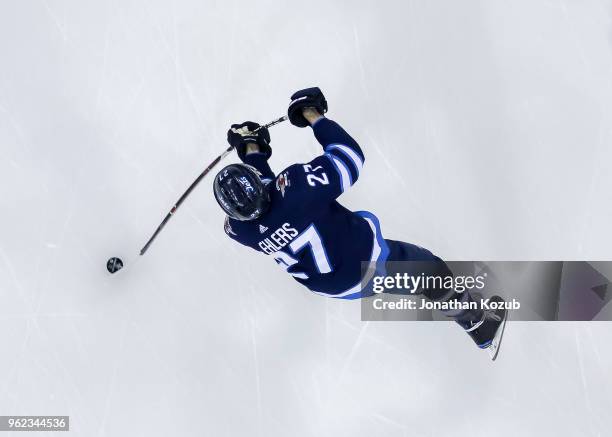 Nikolaj Ehlers of the Winnipeg Jets takes part in the pre-game warm up prior to NHL action against the Vegas Golden Knights in Game Five of the...