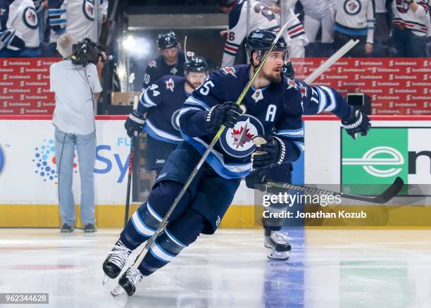 Mark Scheifele of the Winnipeg Jets hits the ice prior to puck drop against the Vegas Golden Knights in Game Five of the Western Conference Final...