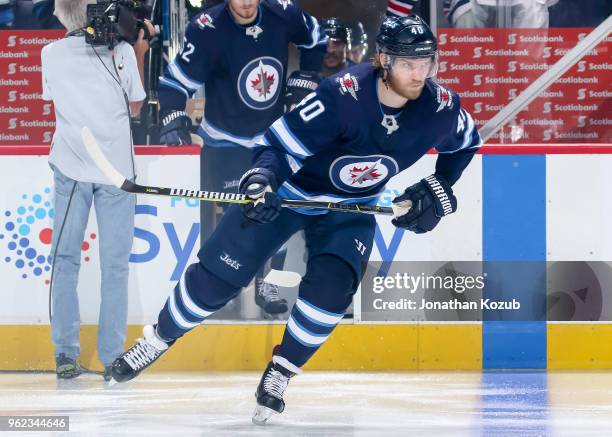 Joel Armia of the Winnipeg Jets hits the ice prior to puck drop against the Vegas Golden Knights in Game Five of the Western Conference Final during...