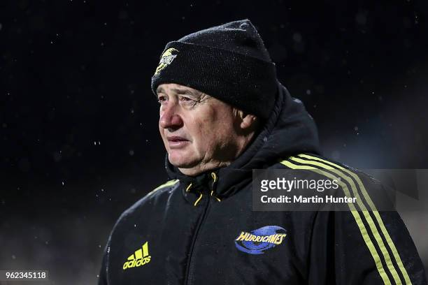 Hurricanes head coach Chris Boyd prior to the round 15 Super Rugby match between the Crusaders and the Hurricanes at AMI Stadium on May 25, 2018 in...