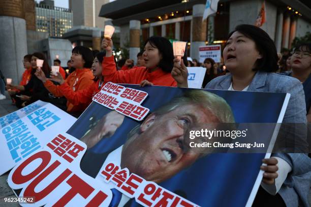 Activists gather in front of the U.S. Embassy to demand peace for the Korean peninsula after the cancellation of the U.S. And North Korea summit on...
