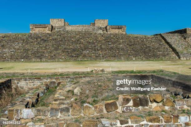 Shrine on the Gran Plaza with building H of Monte Alban , which is a large pre-Columbian archaeological site in the Valley of Oaxaca region, Oaxaca,...