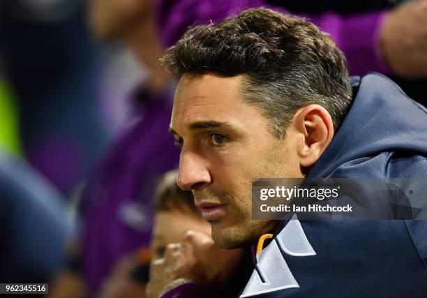 Billy Slater of the Storm looks on from the bench during the round 12 NRL match between the North Queensland Cowboys and the Melbourne Storm at...