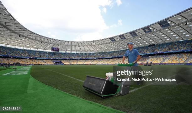 Ground staff prepare the pitch at the NSK Olimpiyskiy Stadium in Kiev where Liverpool will play Real Madrid in the UEFA Champions League Final...