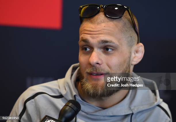 Mads Burnell of Denmark interacts with media during the UFC Ultimate Media Day at BT Convention Centre on May 25, 2018 in Liverpool, England.
