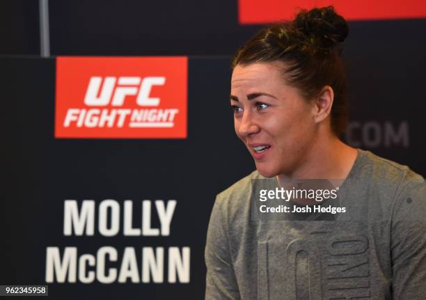 Molly McCann of England interacts with media during the UFC Ultimate Media Day at BT Convention Centre on May 25, 2018 in Liverpool, England.