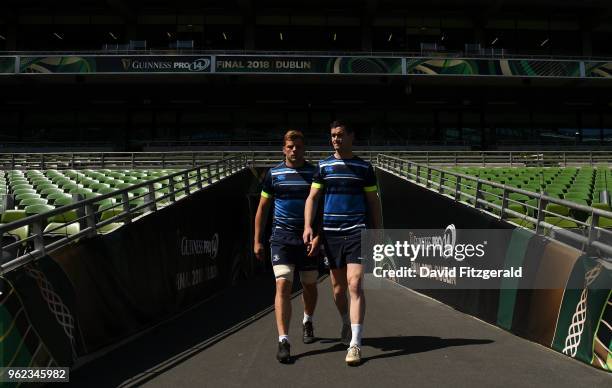 Dublin , Ireland - 25 May 2018; Jonathan Sexton, right, and Jordi Murphy arrive to the Leinster captains run at the Aviva Stadium in Dublin.