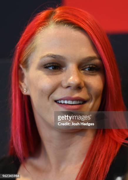 Gillian Robertson of Canada interacts with media during the UFC Ultimate Media Day at BT Convention Centre on May 25, 2018 in Liverpool, England.
