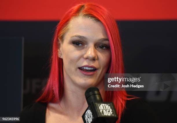 Gillian Robertson of Canada interacts with media during the UFC Ultimate Media Day at BT Convention Centre on May 25, 2018 in Liverpool, England.