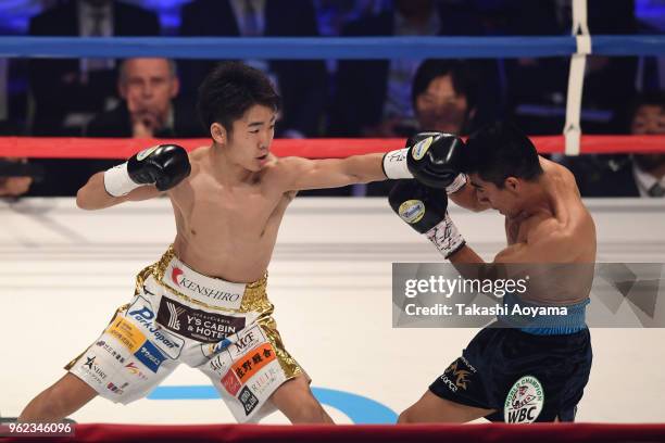 Kenshiro Teraji of Japan punches Ganigan Lopez of Mexico during their WBC Light Flyweight Title Bout at Ota-City General Gymnasium on May 25, 2018 in...