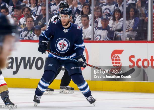 Paul Stastny of the Winnipeg Jets keeps an eye on the play during first period action against the Vegas Golden Knights in Game Five of the Western...