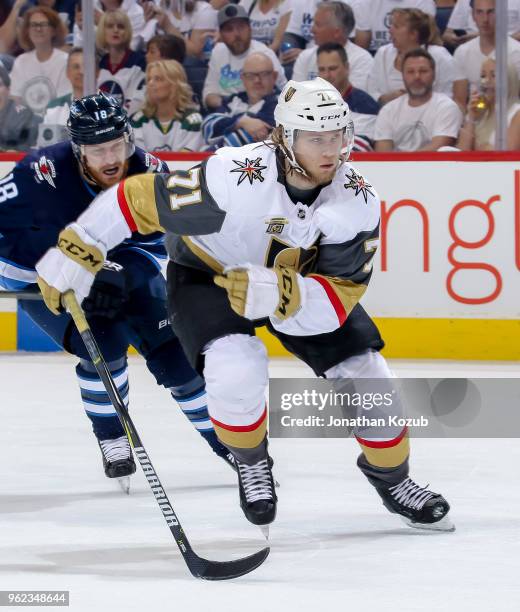 William Karlsson of the Vegas Golden Knights follows the play down the ice during first period action against the Winnipeg Jets in Game Five of the...