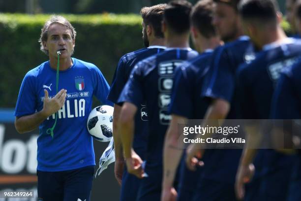 Head coach Italy Roberto Mancini reacts during a Italy training session at Centro Tecnico Federale di Coverciano on May 25, 2018 in Florence, Italy.