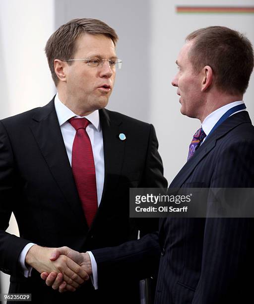 The Slovenian Foreign Minister Samuel Zbogar is greeted by Deputy Leader of the House of Commons Chris Bryant MP as he arrives to attend the...