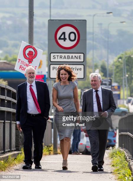 British Labour leader Jeremy Corbyn with Professor Deirdre Heenan and Shadow Secretary of State for Northern Ireland Tony Lloyd during a visit to...
