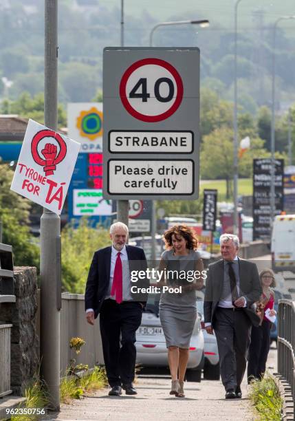 British Labour leader Jeremy Corbyn with Professor Deirdre Heenan and Shadow Secretary of State for Northern Ireland Tony Lloyd during a visit to...