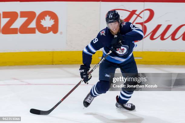Patrik Laine of the Winnipeg Jets keeps an eye on the play during second period action against the Vegas Golden Knights in Game Five of the Western...