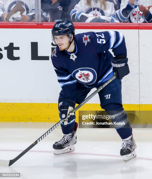 Jack Roslovic of the Winnipeg Jets gets set during a second period face-off against the Vegas Golden Knights in Game Five of the Western Conference...