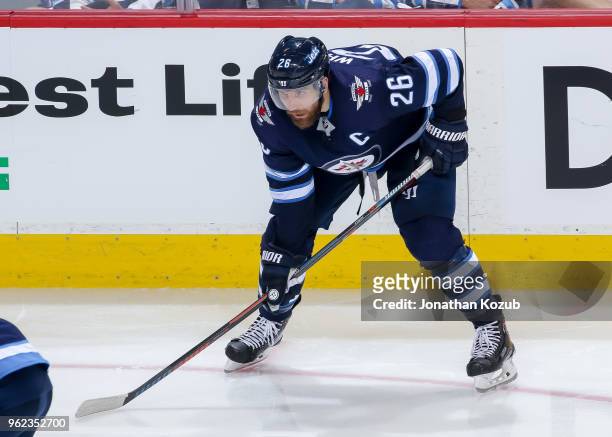 Blake Wheeler of the Winnipeg Jets gets set during a second period face-off against the Vegas Golden Knights in Game Five of the Western Conference...