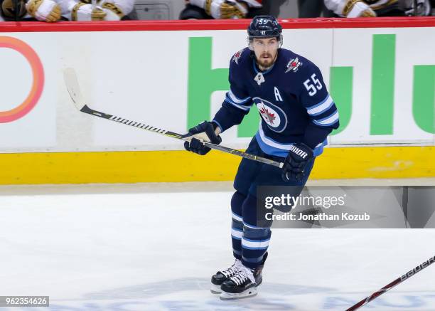 Mark Scheifele of the Winnipeg Jets keeps an eye on the play during second period action against the Vegas Golden Knights in Game Five of the Western...