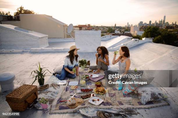 smiling friends talking while having food at party on building terrace - day in the life usa stock-fotos und bilder