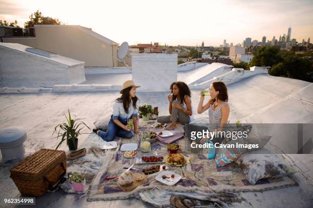 smiling friends talking while having food at party on building terrace - friends picnic stock pictures, royalty-free photos & images