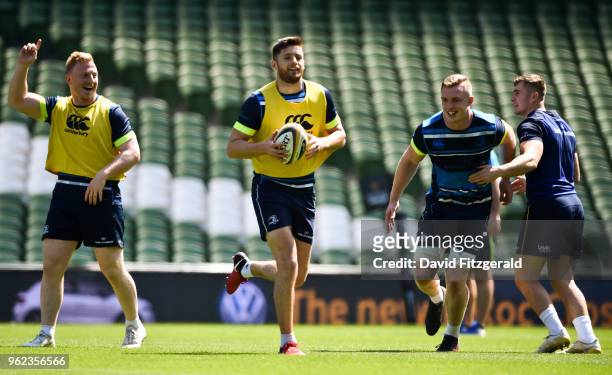 Dublin , Ireland - 25 May 2018; Ross Byrne, centre, along with team mates, from left, James Tracy, Dan Leavy and Jordan Larmour during the Leinster...