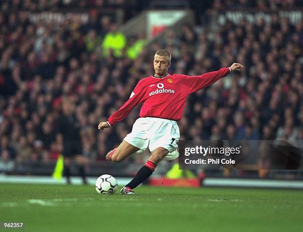 David Beckham of Manchester United takes a free-kick during the FA Carling Premiership match against Tottenham Hotspur played at Old Trafford, in...