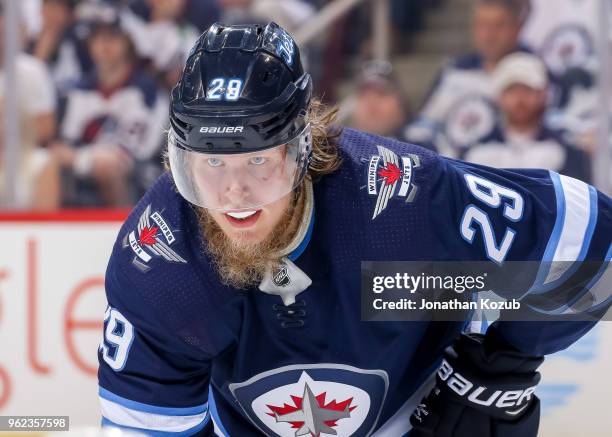 Patrik Laine of the Winnipeg Jets looks on during a third period face-off against the Vegas Golden Knights in Game Five of the Western Conference...