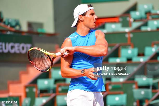 Rafael Nadal of Spain practises during qualification for the French Open 2018 on May 25, 2018 in Paris, France.