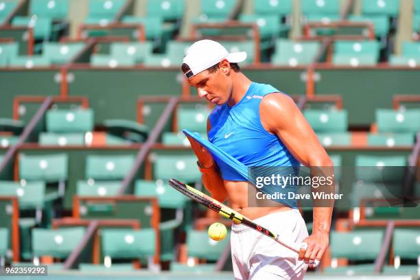 Rafael Nadal of Spain practises during qualification for the French Open 2018 on May 25, 2018 in Paris, France.