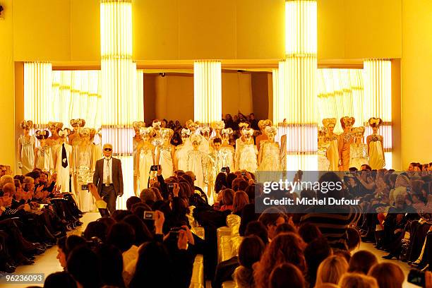 Karl Lagerfeld with his models at the end of the show during the Chanel Fashion Show during Paris Fashion Week Haute Couture S/S 2010 on January 26,...