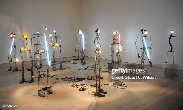 Artwork by Tushar Joag is shown on display at 'The Empire Strikes Back - Indian Art Today' at the Saatchi Gallery on January 28, 2010 in London,...