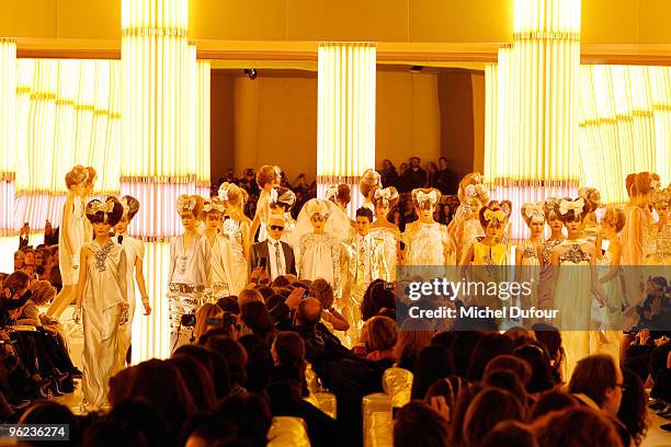 Karl Lagerfeld with his models at the end of the show during the Chanel Fashion Show during Paris Fashion Week Haute Couture S/S 2010 on January 26,...