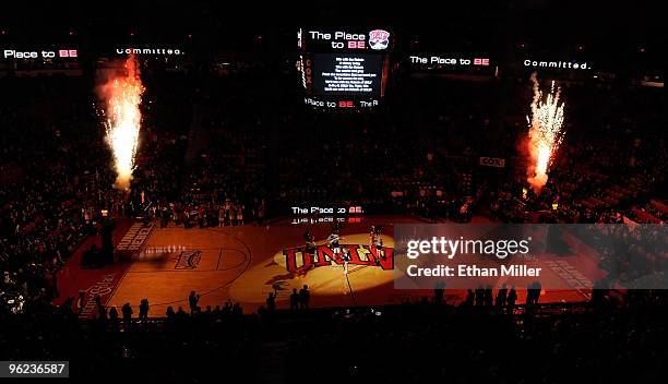 General view as pyrotechnics explode before a game between the Air Force Falcons and the UNLV Rebels at the Thomas & Mack Center on January 26, 2010...
