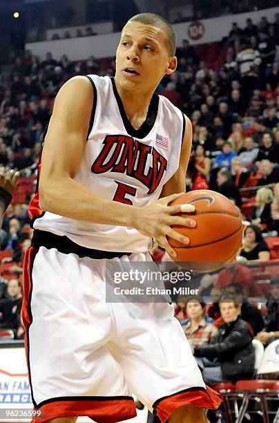 Derrick Jasper of the UNLV Rebels grabs a rebound during a game against the Air Force Falcons at the Thomas & Mack Center on January 26, 2010 in Las...