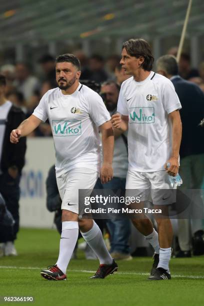 Gennaro Gattuso and Pippo Inzaghi attend the Andrea Pirlo Farewell Match at Stadio Giuseppe Meazza on May 21, 2018 in Milan, Italy.