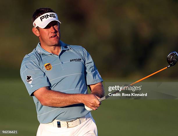 Lee Westwood of England on the par five 18th hole during the first round of The Commercialbank Qatar Masters at The Doha Golf Club on January 28,...