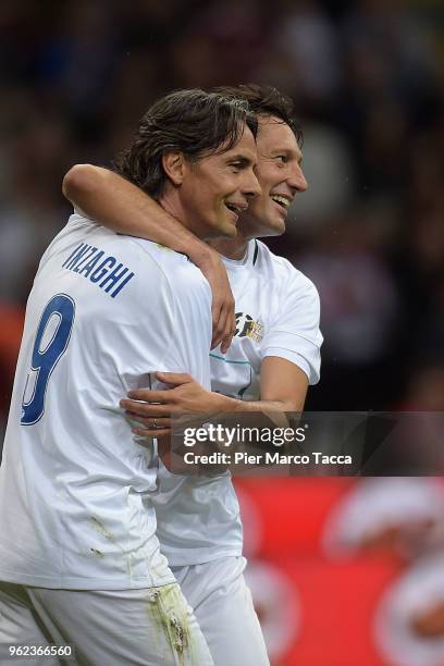 Pippo Inzaghi and Leonardo Nascimento de Araujo celebrate during Andrea Pirlo Farewell Match at Stadio Giuseppe Meazza on May 21, 2018 in Milan,...