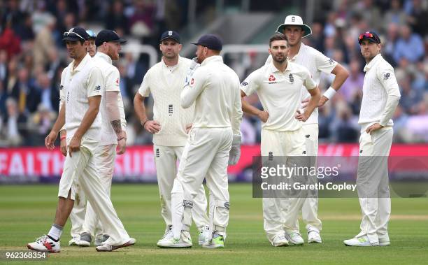 England watch the replay screen during day two of the 1st NatWest Test match between England and Pakistan at Lord's Cricket Ground on May 25, 2018 in...