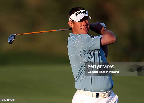 Lee Westwood of England on the par five 18th hole during the first round of The Commercialbank Qatar Masters at The Doha Golf Club on January 28,...